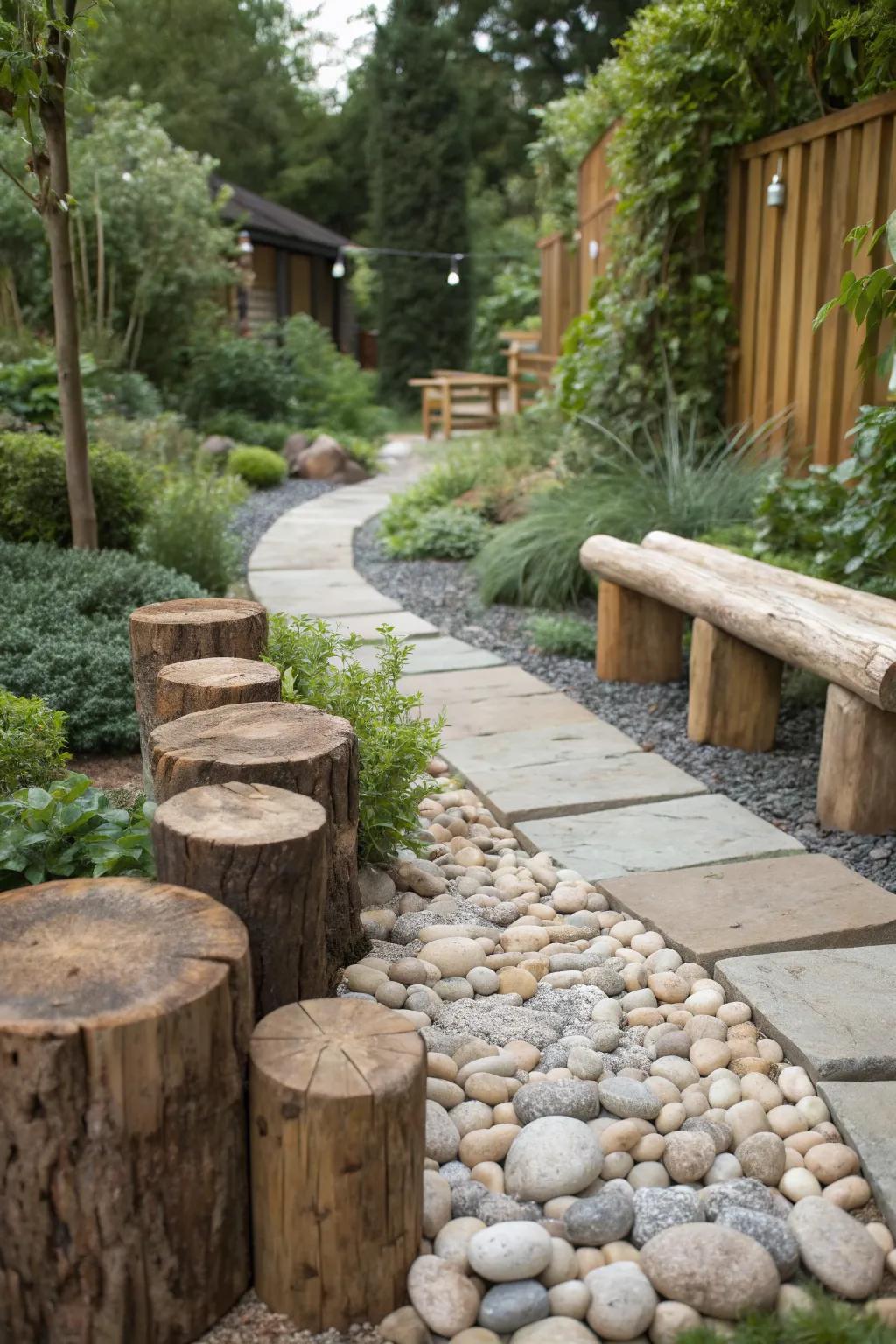 Rustic charm with a combination of pebbles and wood in the garden.