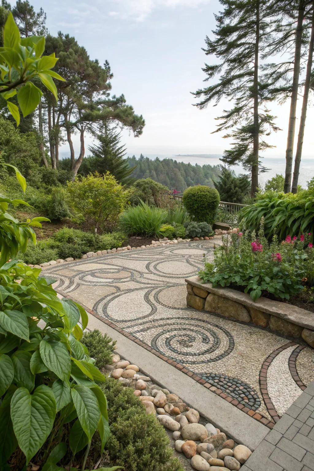 Pebble terraces elevate garden design with elegant simplicity.
