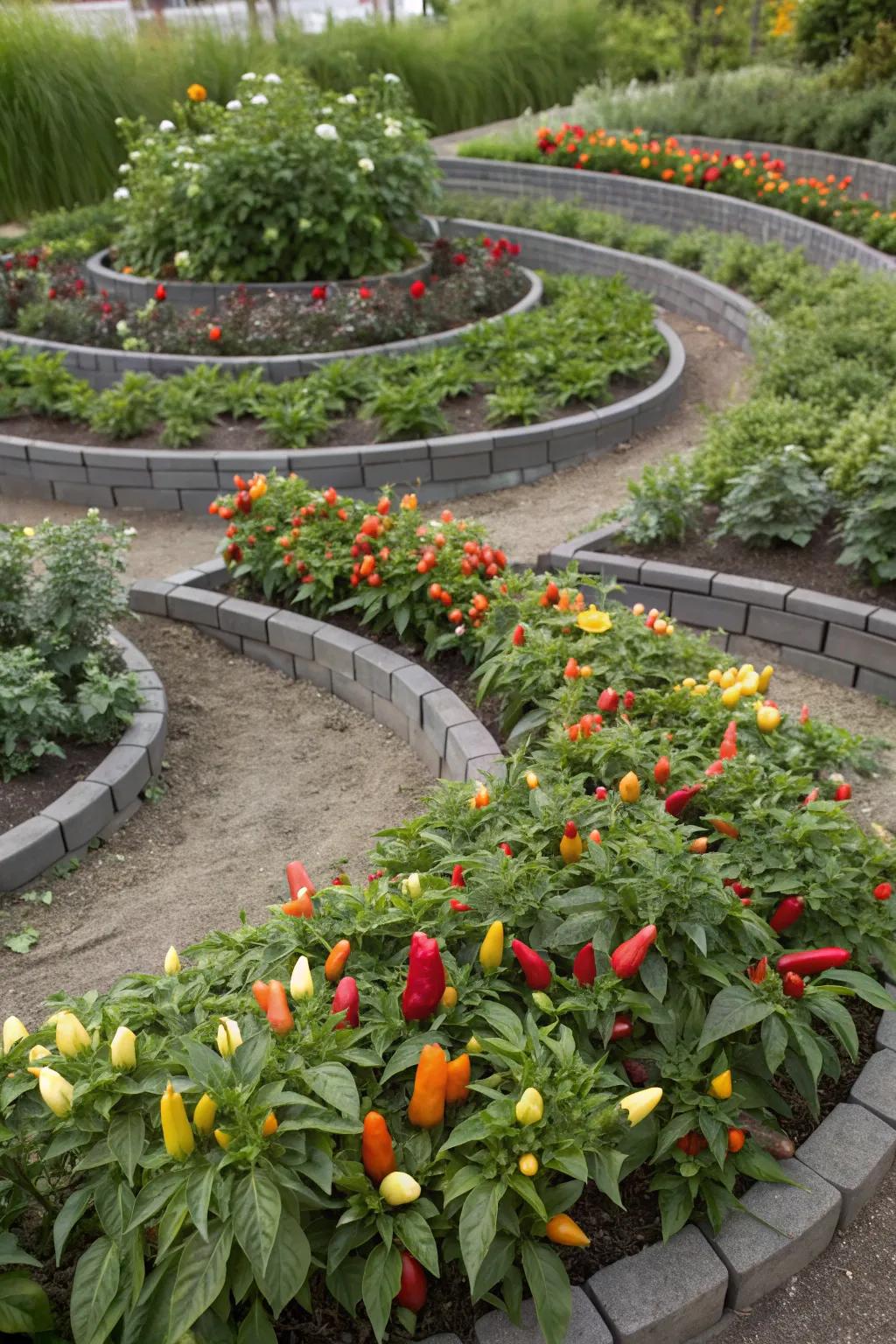 A spiral garden integrating peppers with a variety of herbs for a lush, compact design.