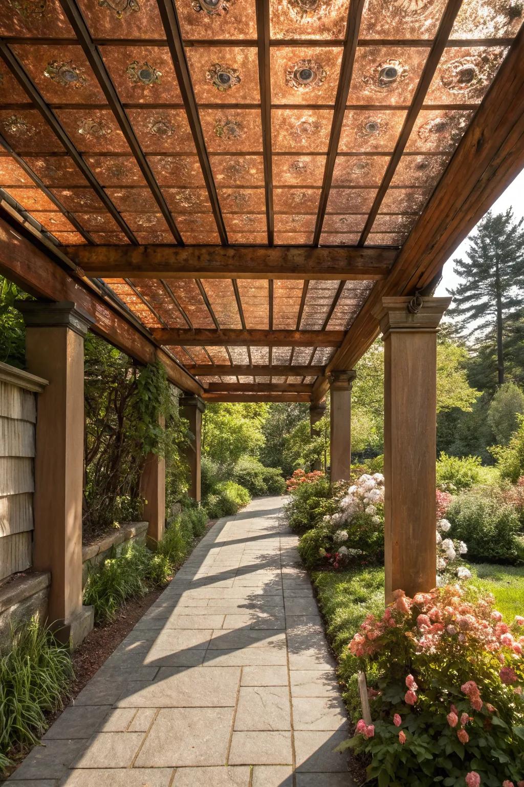 Copper panels add a warm patina and character to your pergola.