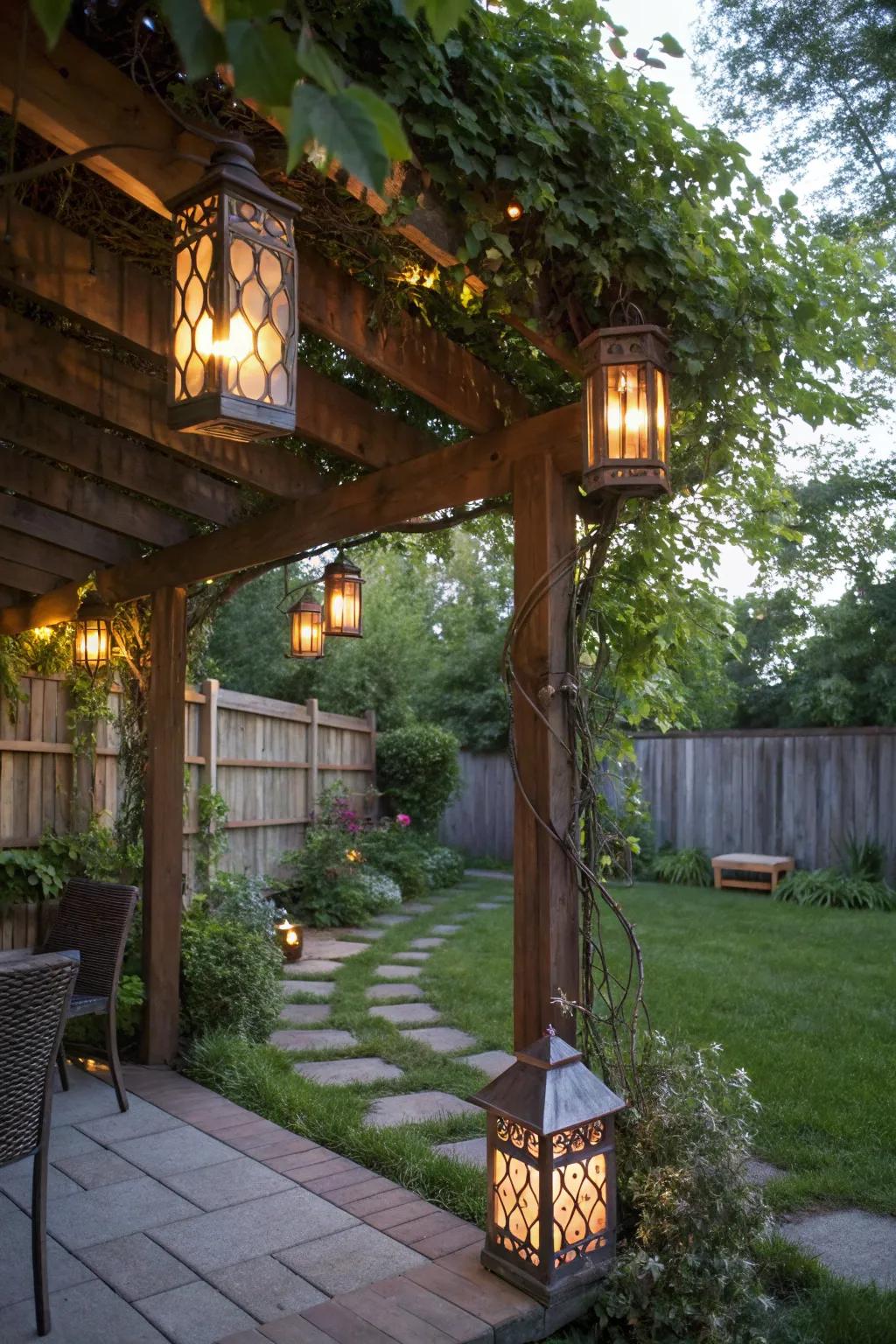 Lanterns provide soft, ambient lighting for pergola evenings.