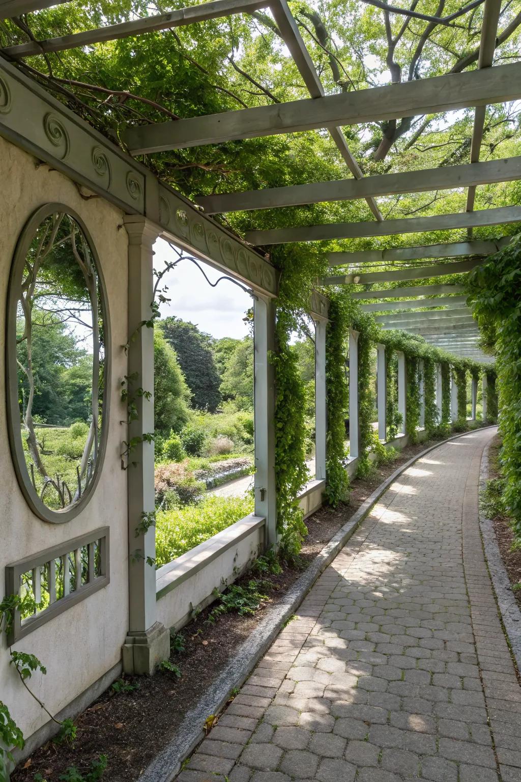 Mirror accents adding depth and elegance to a pergola