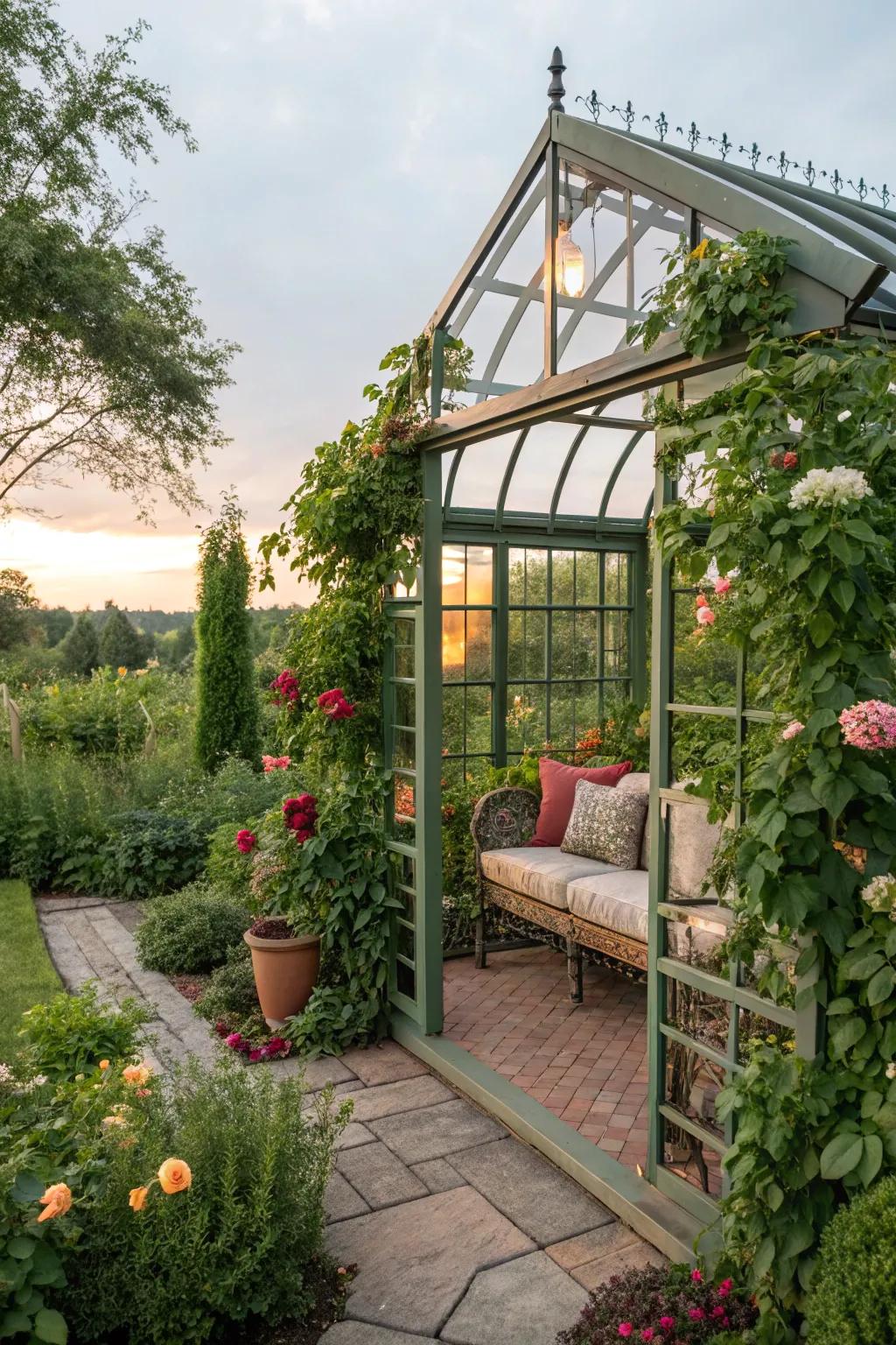 Integrated seating offering a rest spot in a pergola greenhouse.