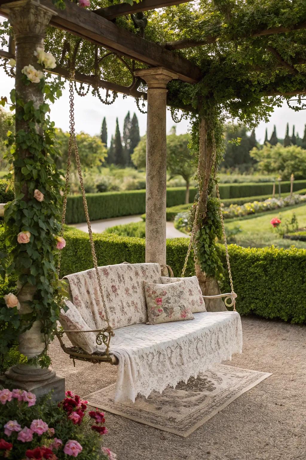 Vintage elements bring timeless charm to a pergola swing.