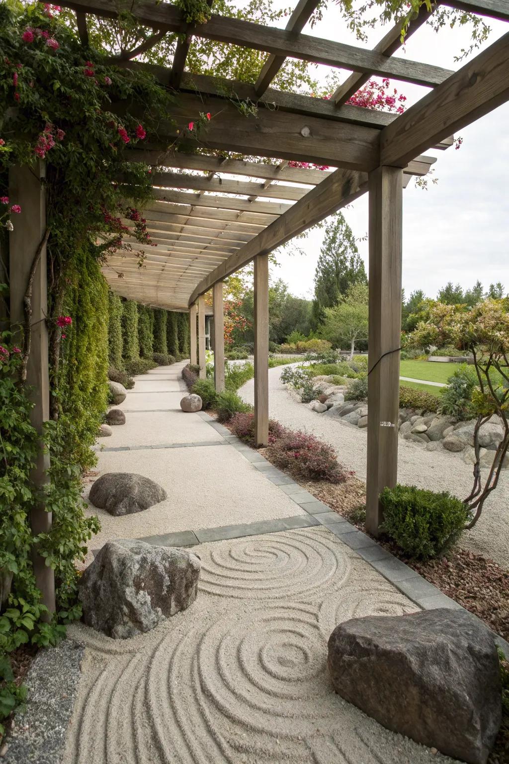 A pergola walkway complemented by a calming Zen garden feature.