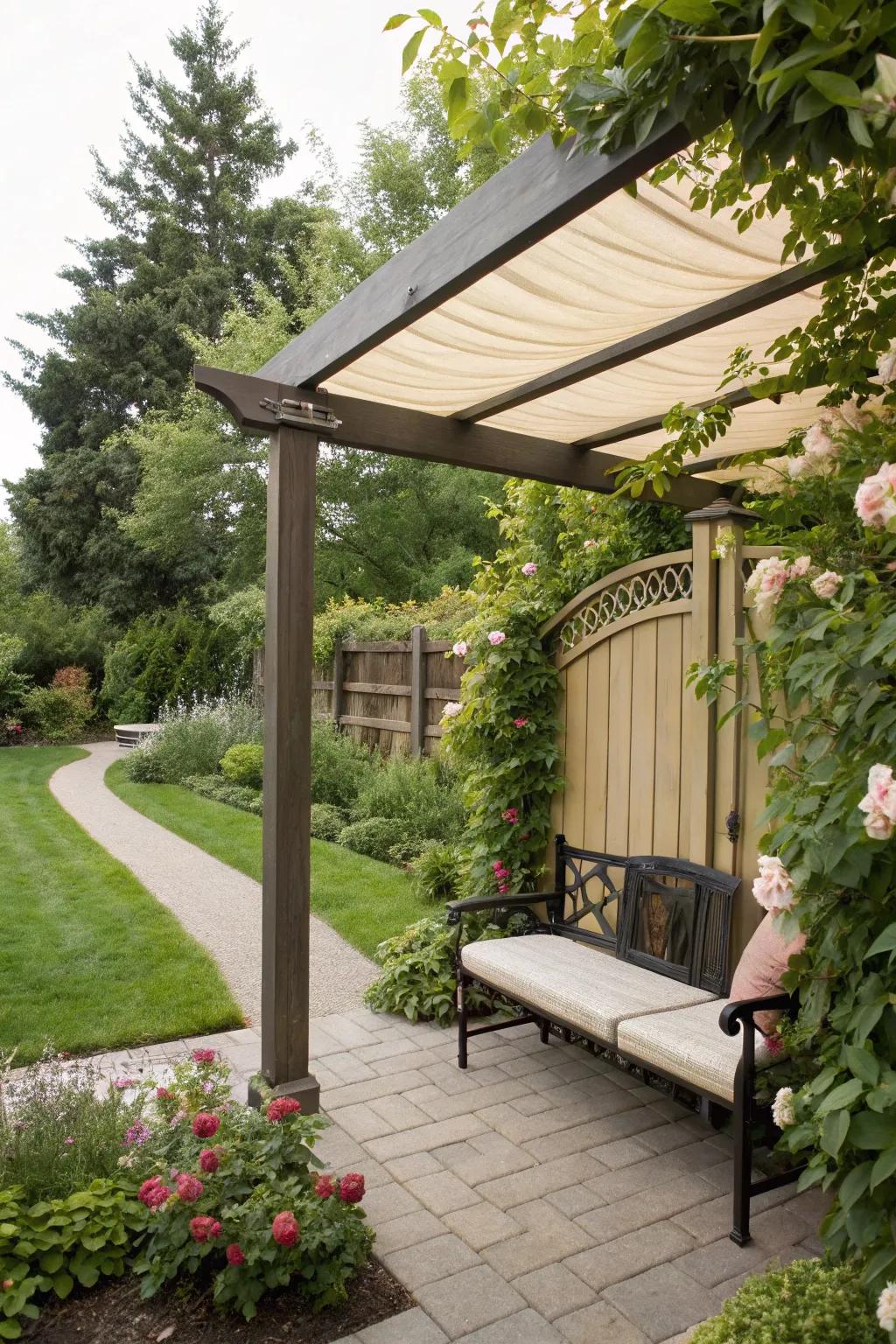 Retractable canopy over pergola bench seating.