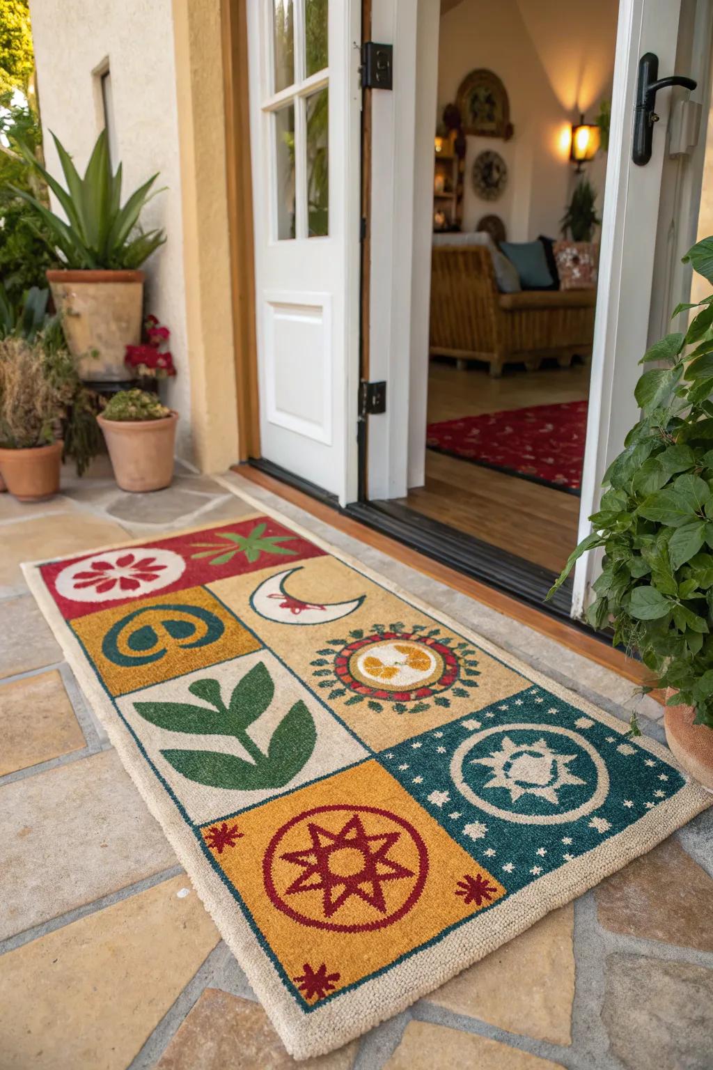 A door mat with cultural inspirations reflecting heritage and travel.