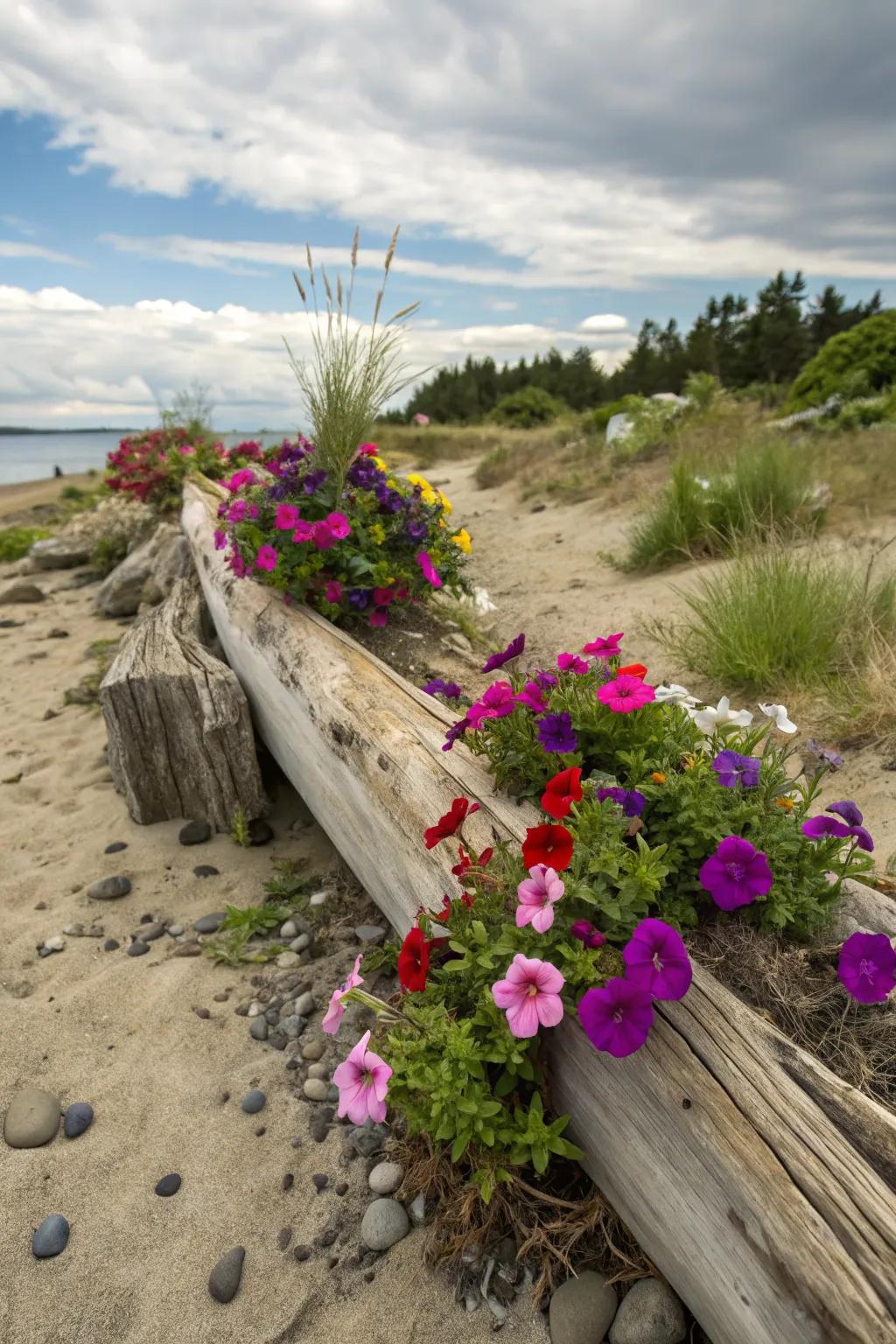 Driftwood planters bring a beachy feel to petunia arrangements.