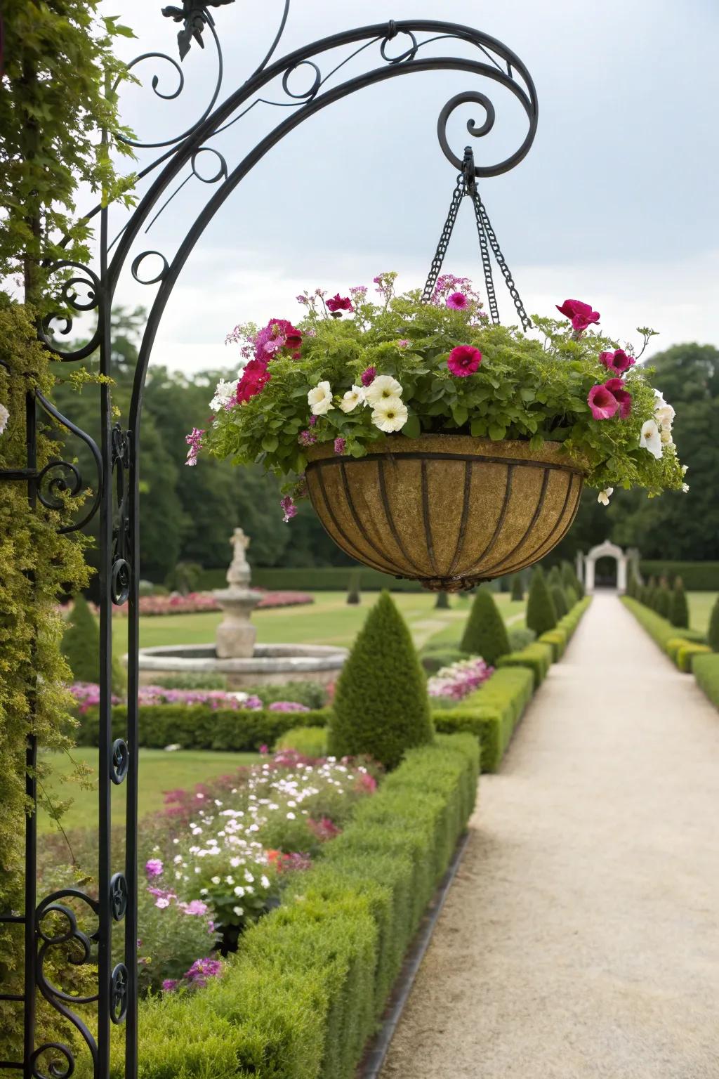 Symmetrical beauty with petunias in a formal setting.