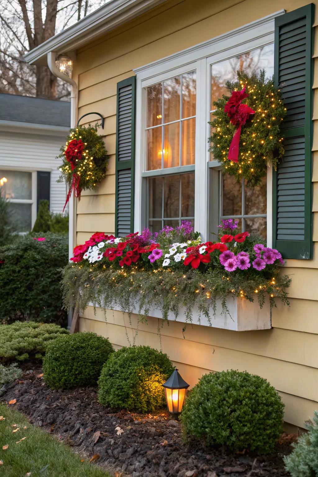 Festive decorations turn petunia boxes into holiday delights.