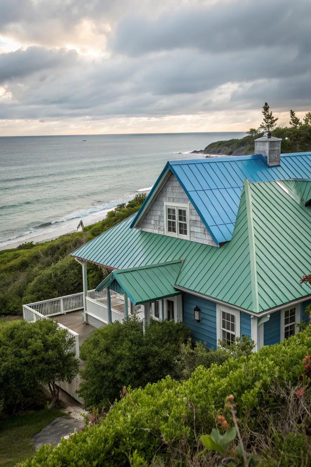 A coastal home with a metal roof that beautifully captures the essence of the sea.