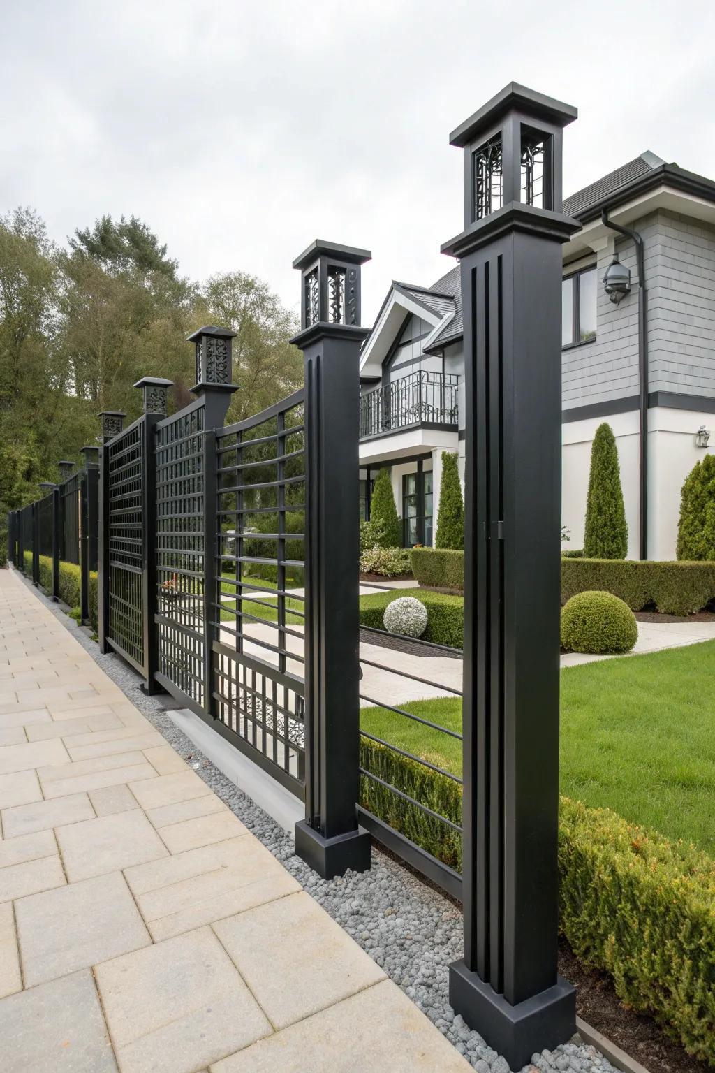 Bold black pillars create a dramatic fence effect.