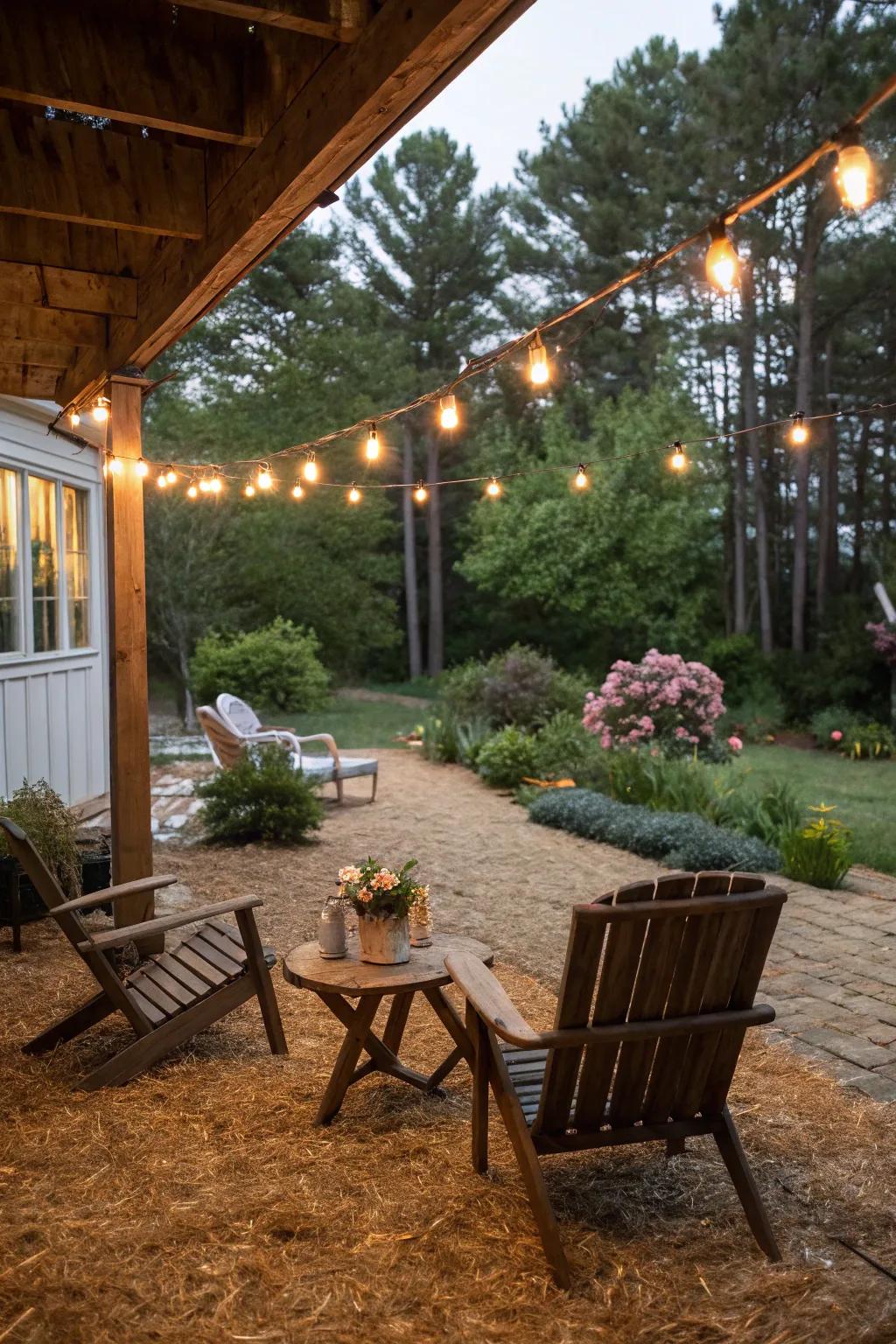 Pine straw transforms this patio into a cozy, rustic retreat.