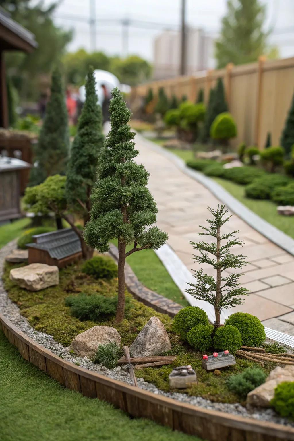 Charming miniature landscape with pines.
