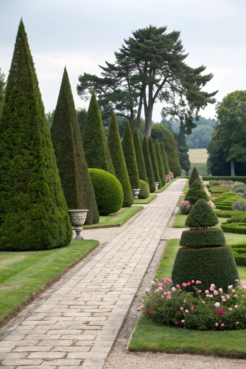 Formal landscaping emphasizes the elegance of pine trees.