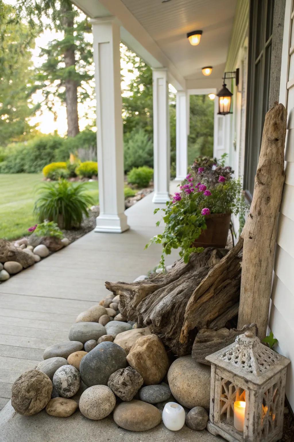 Nature-inspired decor adding a soothing vibe to the porch.
