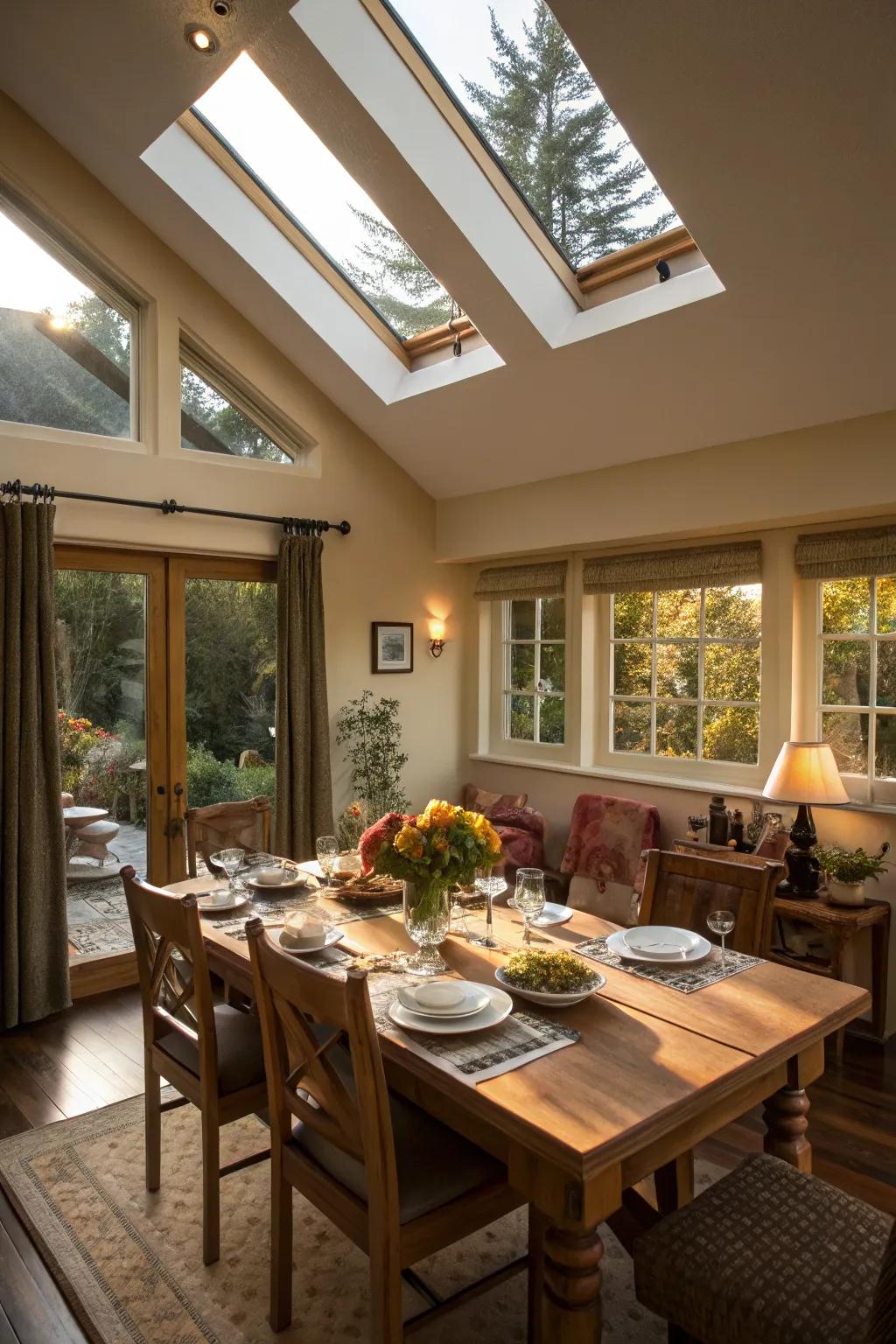 An elegant dining room filled with natural light from skylights.