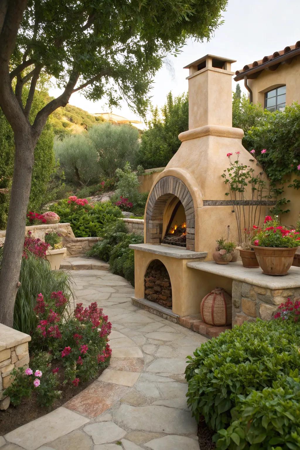 A stucco pizza oven that brings Mediterranean charm to the garden.