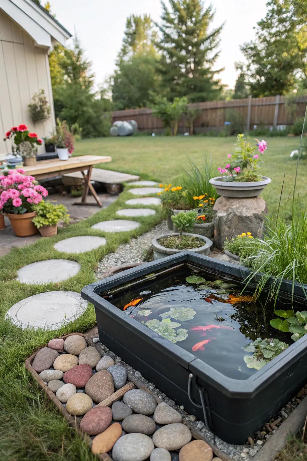 Portable pond offering flexibility and ease of movement in garden design.