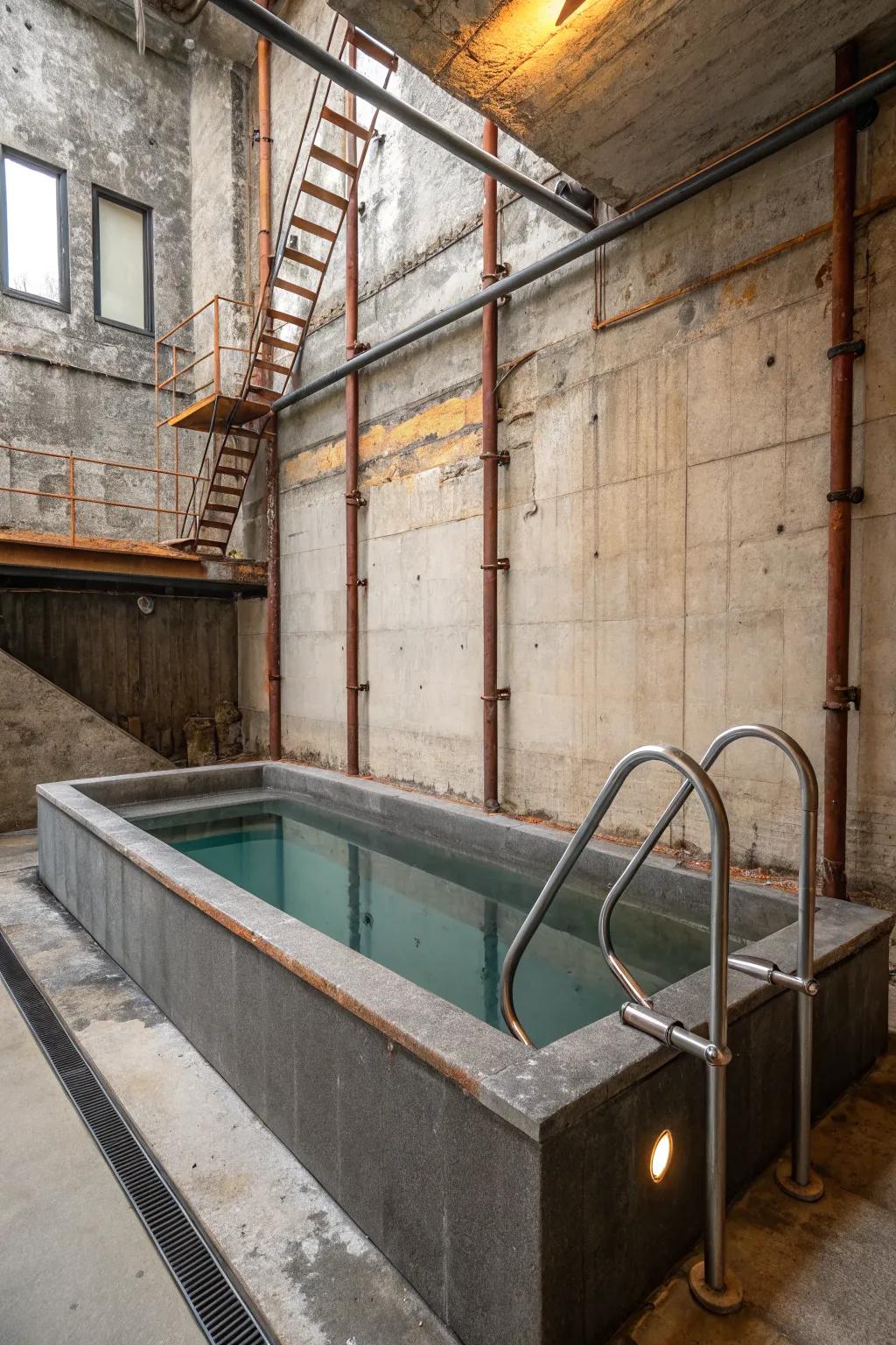 Industrial edge plunge pool with metal accents and concrete finishes.