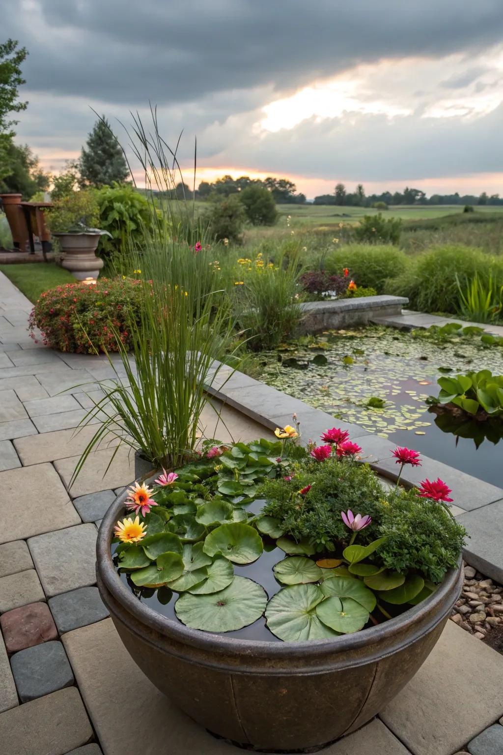 A container water garden adds serenity and beauty without the need for a pond.