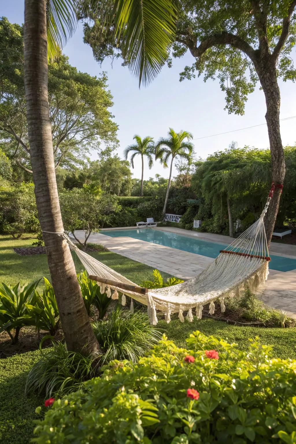 Hammocks bring a laid-back vibe to your poolside retreat.