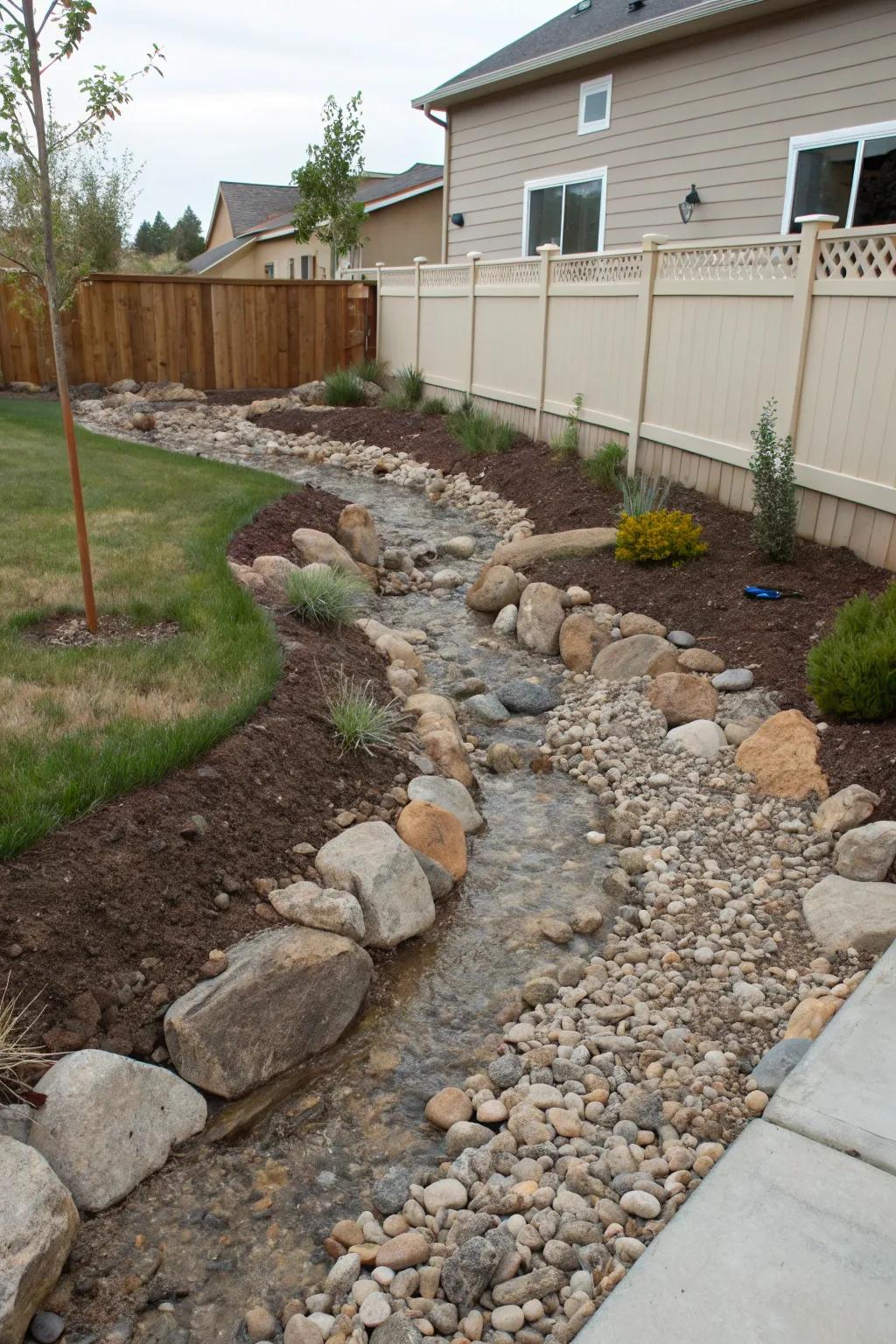 Rustic charm with dry creek beds.