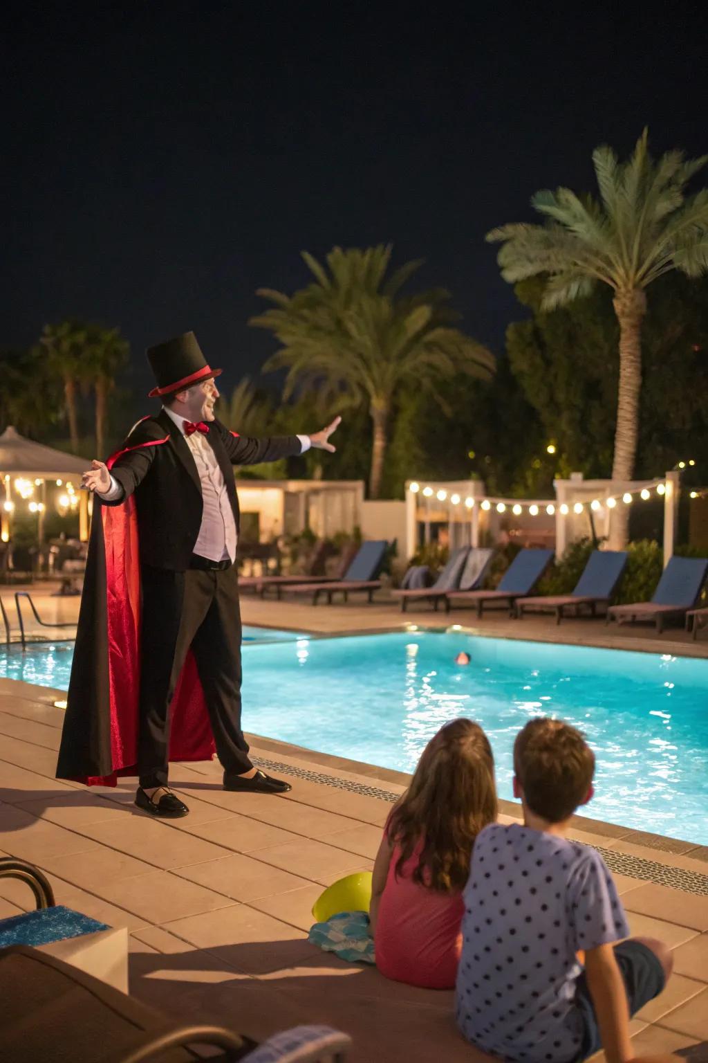 A magician captivating children with tricks by the pool.