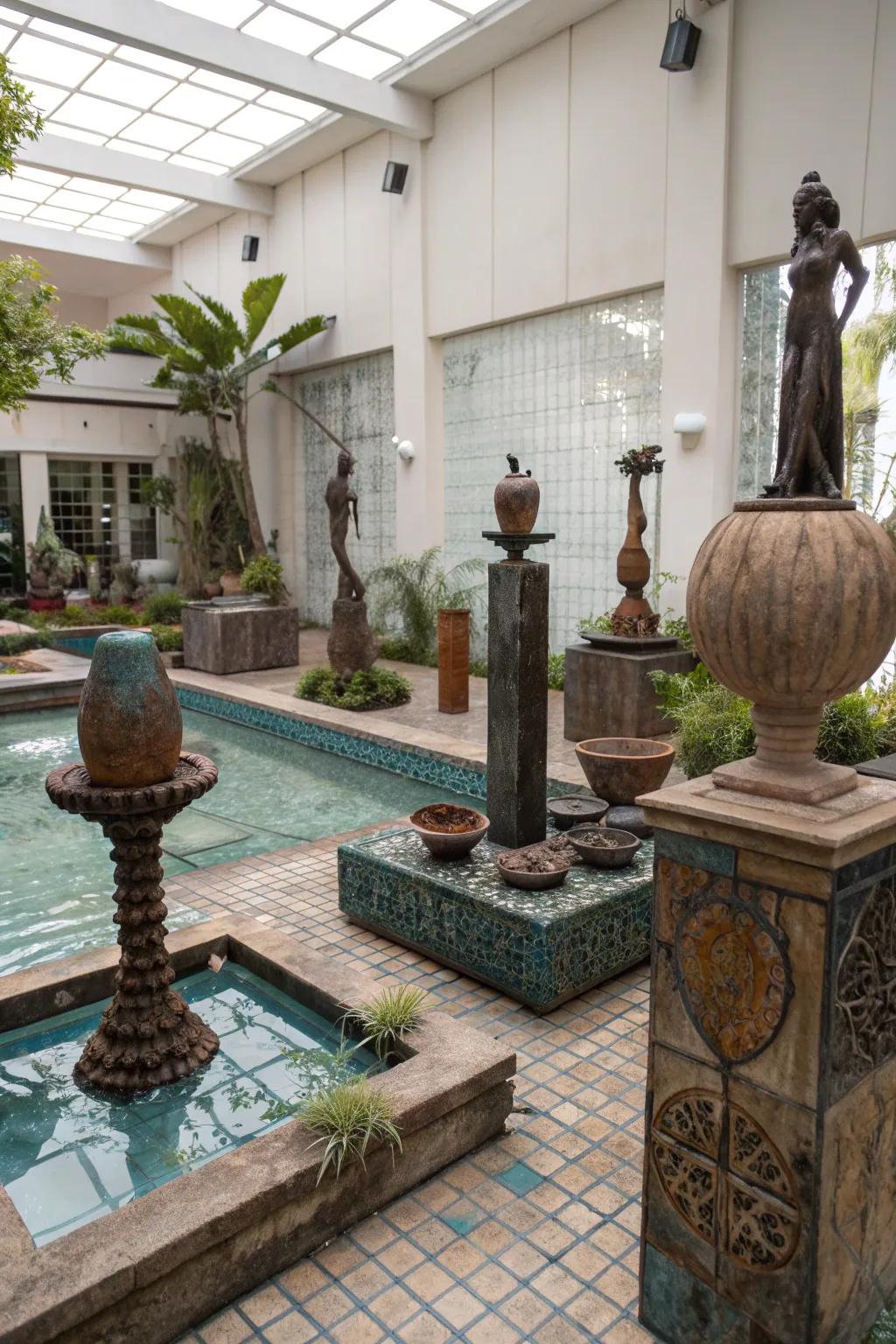 Artistic flair with sculptures in a former pool.