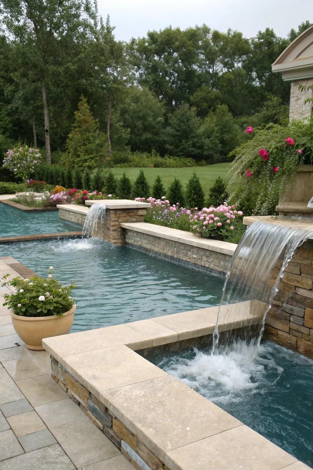 Raised edges with water features for dynamic appeal.