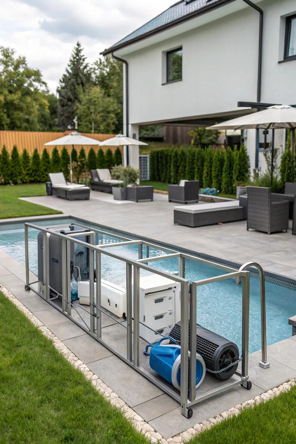 Metal frames offer a minimalist and modern solution for pool equipment.