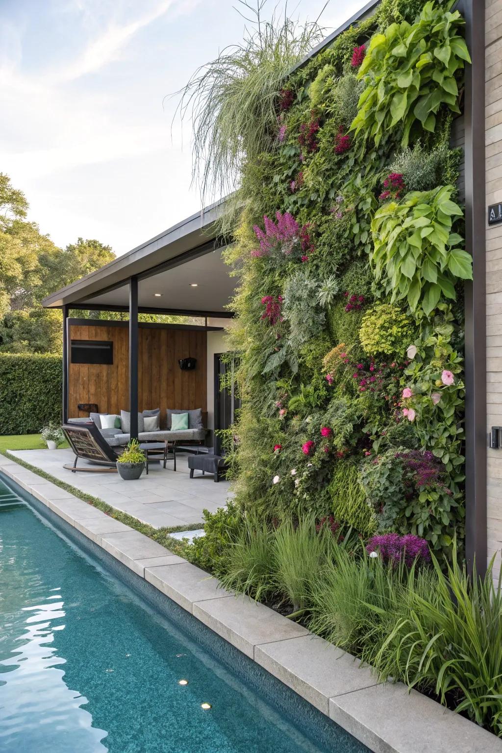 Vertical gardens maximize greenery in compact pool spaces.
