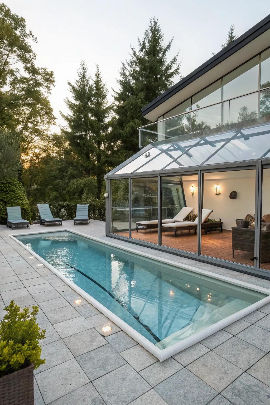 Retractable enclosures offer year-round pool enjoyment.