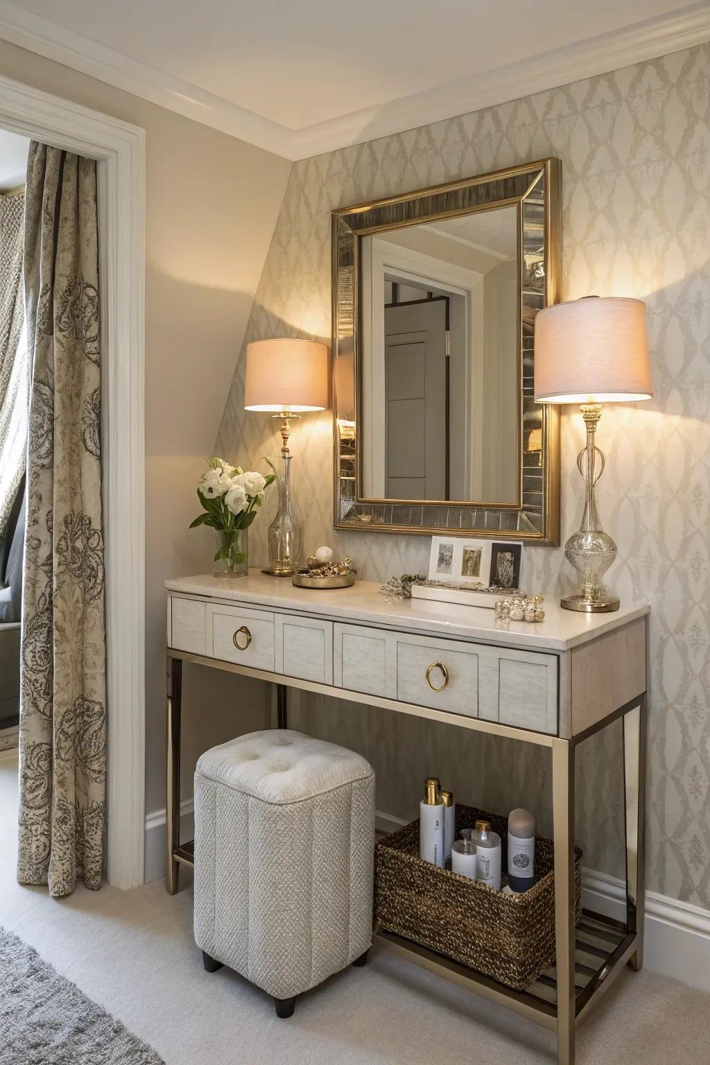A small vanity is perfect for quick touch-ups before heading out.