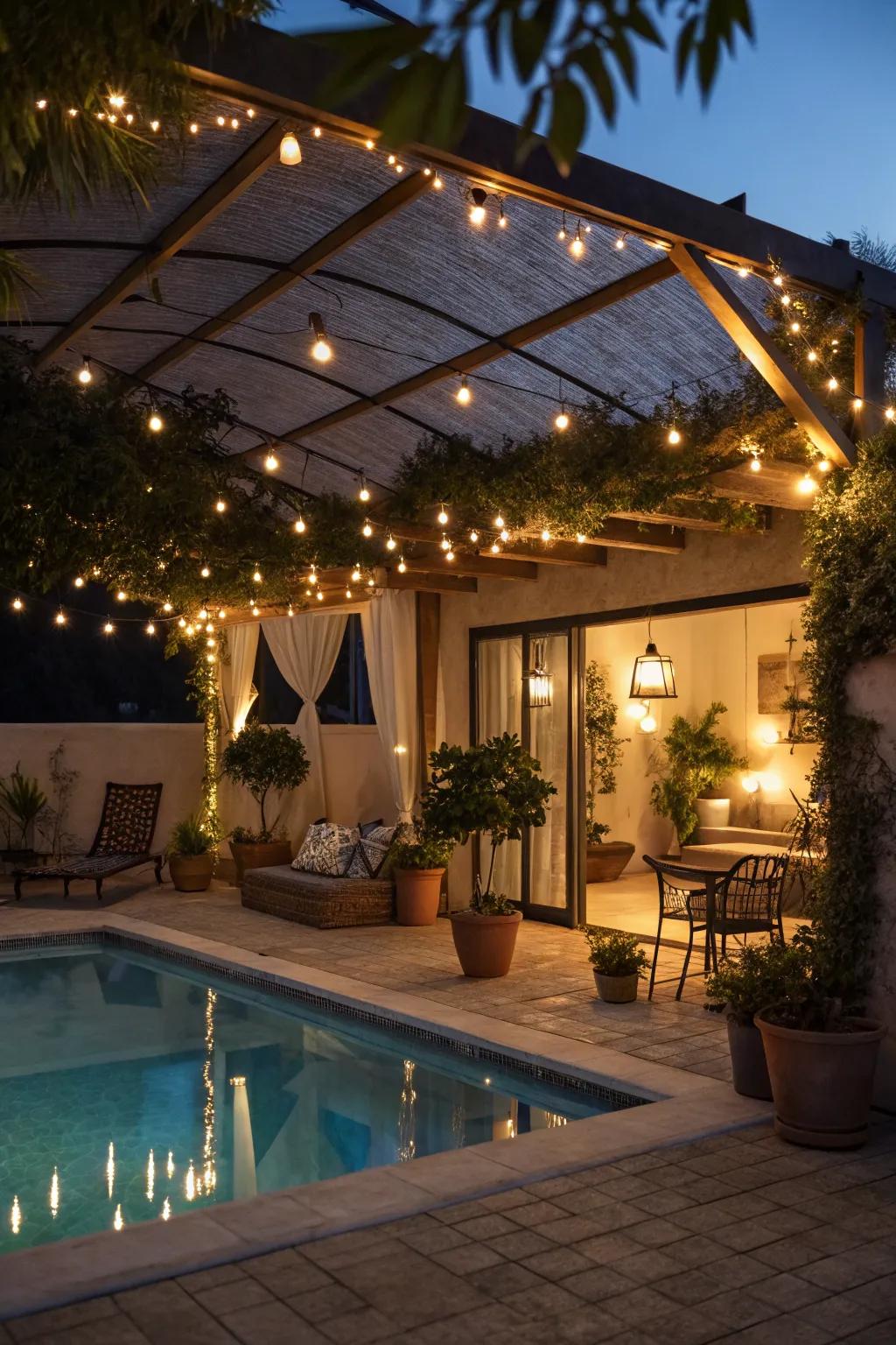 Creative lighting adds a magical touch to the pool house.