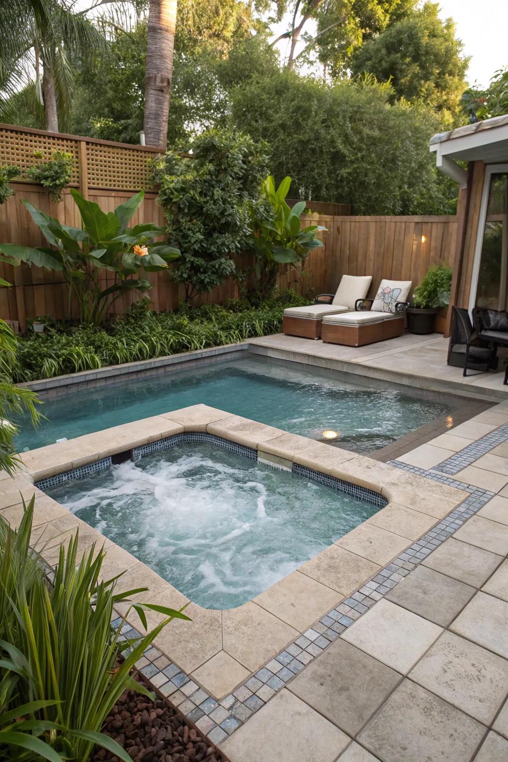A small pool with a cozy spa corner for relaxation.