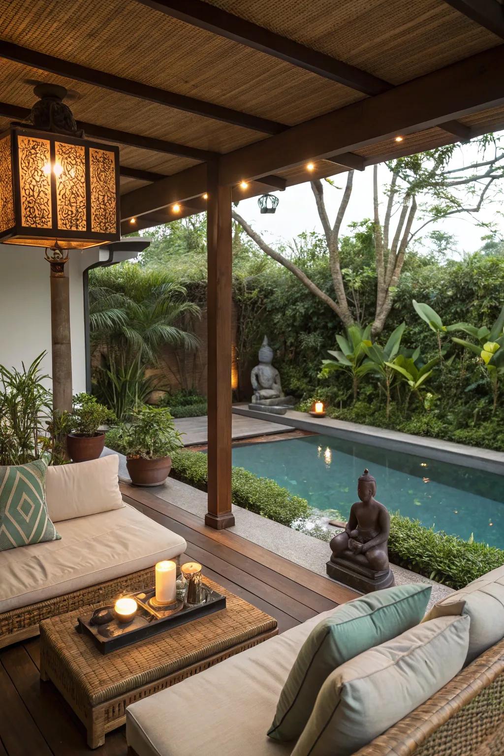 A cozy Zen corner provides a peaceful escape within the lanai.