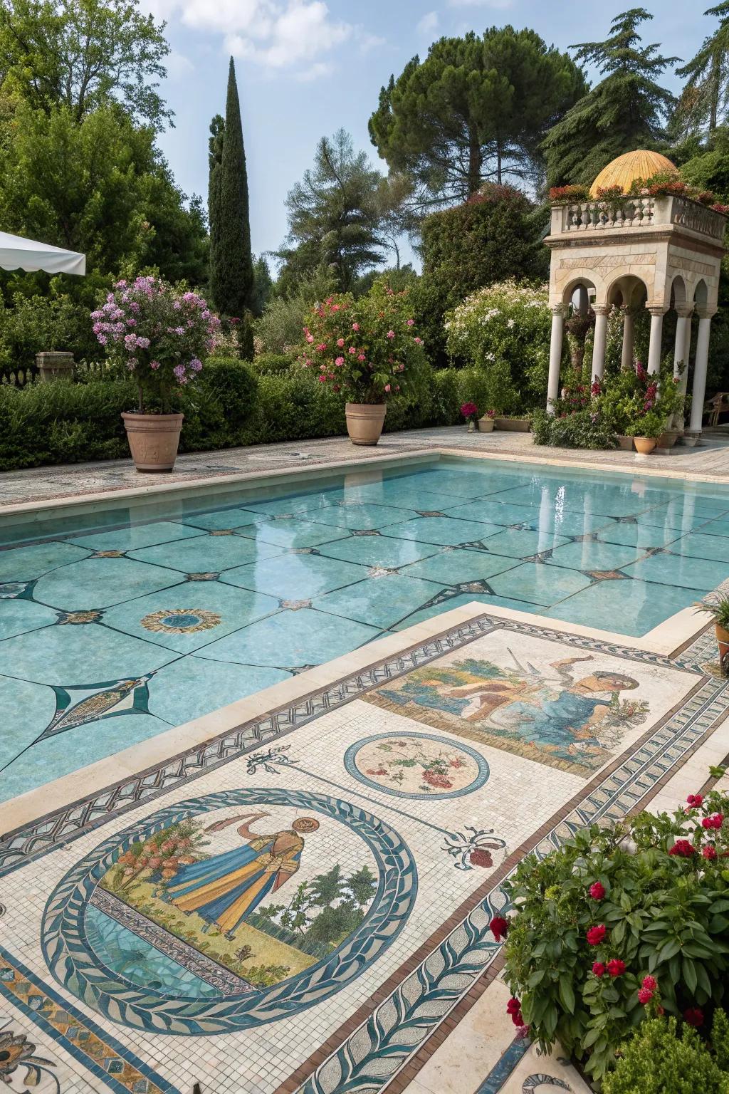 A pool design that celebrates cultural heritage through mosaic art.