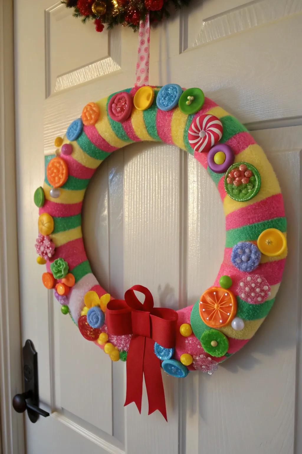 A sugary sweet wreath that delights candy lovers.