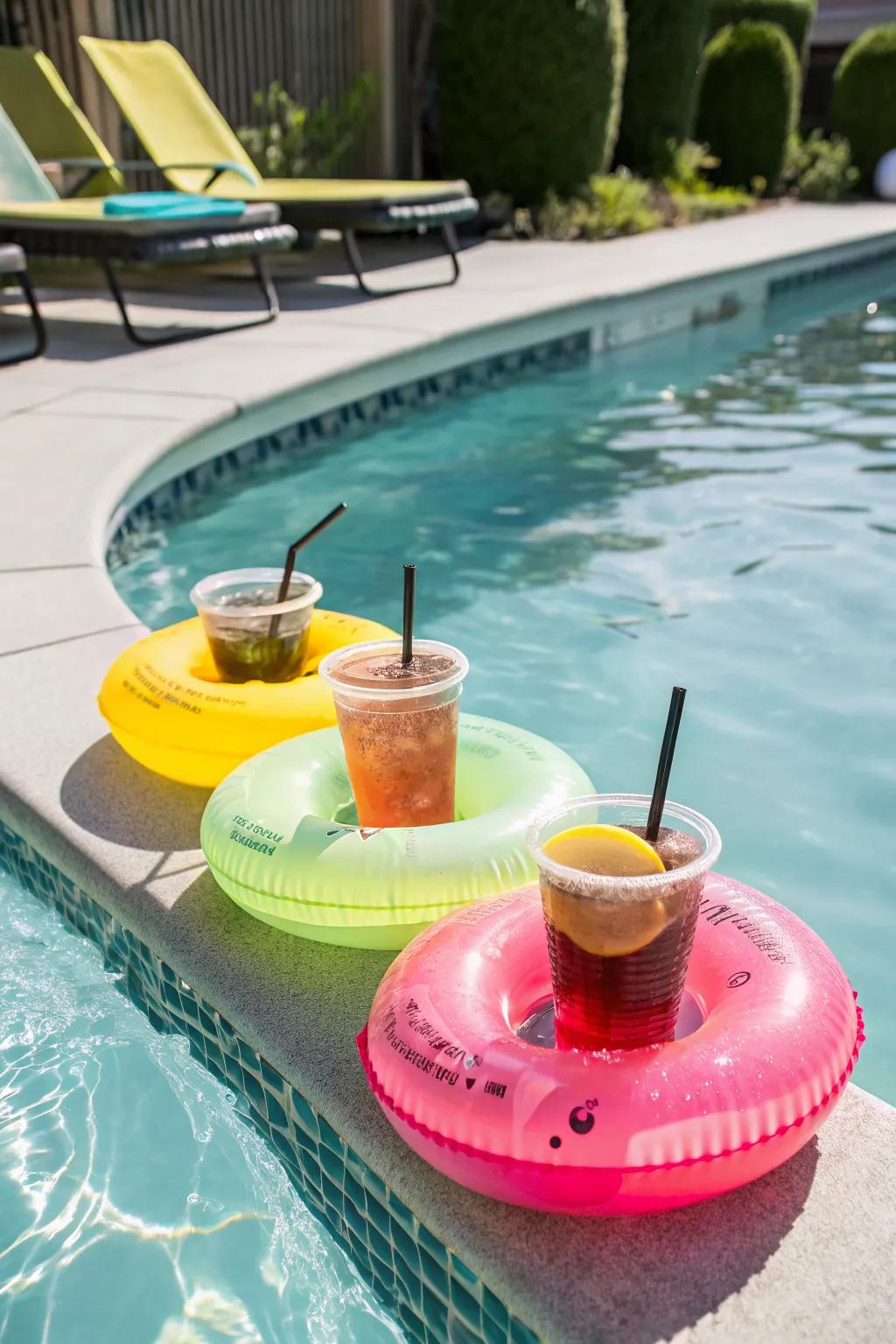 Floating drink holders make pool lounging more convenient and enjoyable.