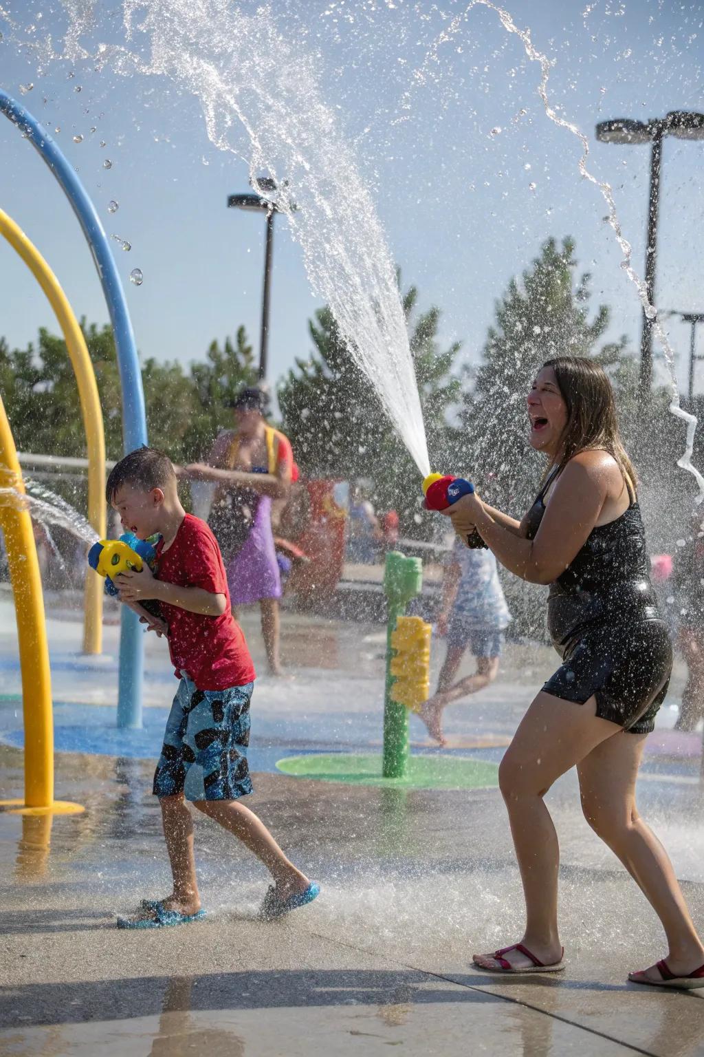 An interactive splash zone with sprinklers and water guns.