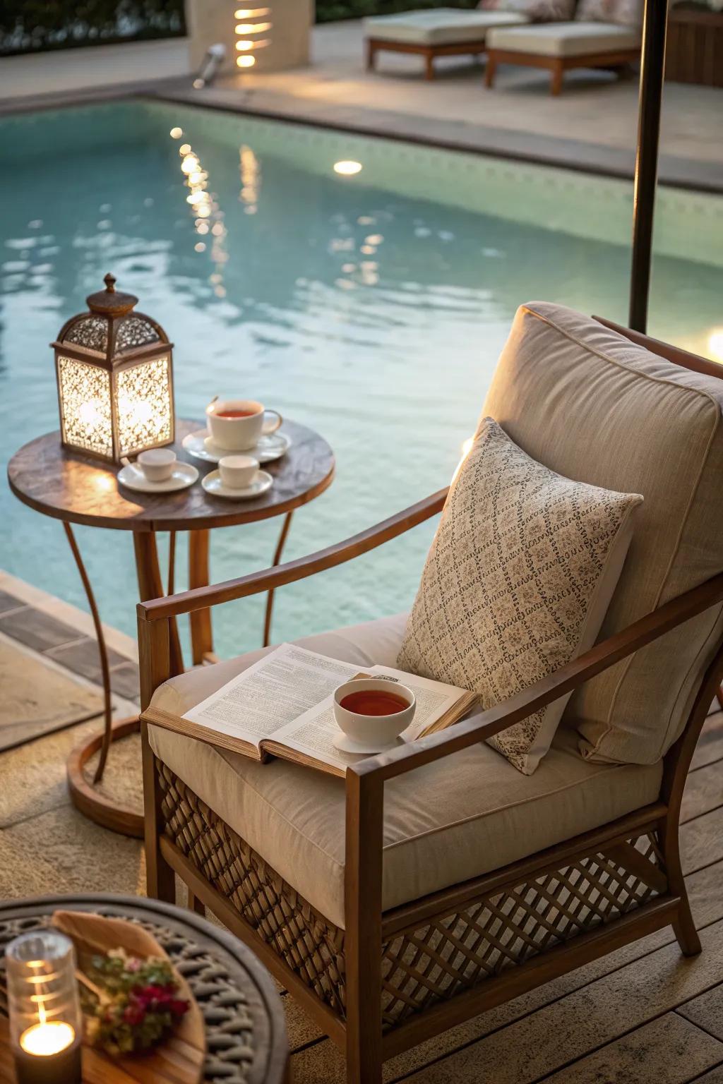 A reading nook provides a tranquil spot to enjoy your favorite book by the pool.