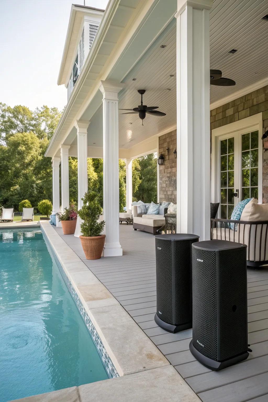 A poolside porch enhanced with outdoor speakers for music.
