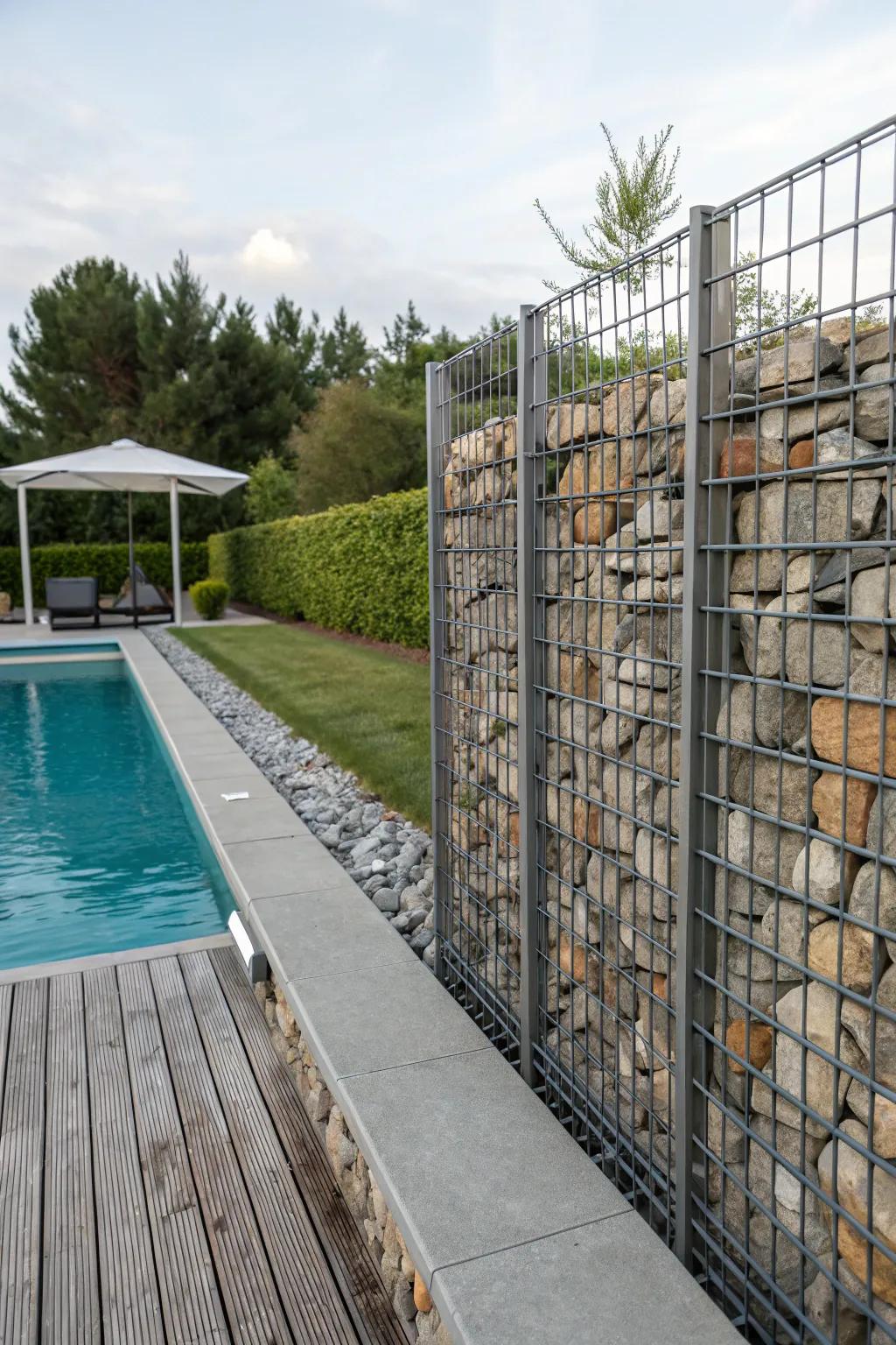 Gabion walls offer a unique and rustic approach to pool privacy.