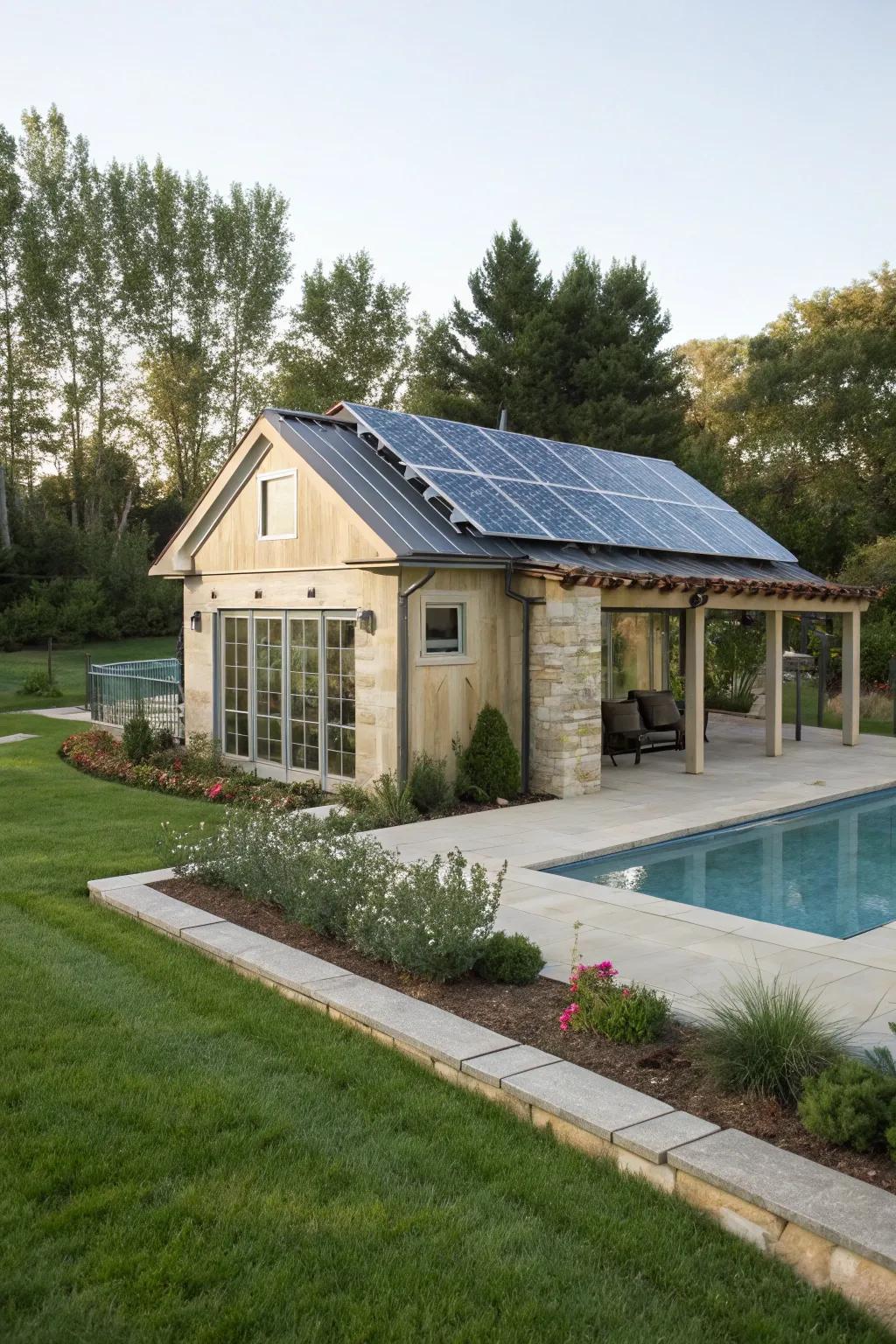 A sustainable pool pump house with solar panels.