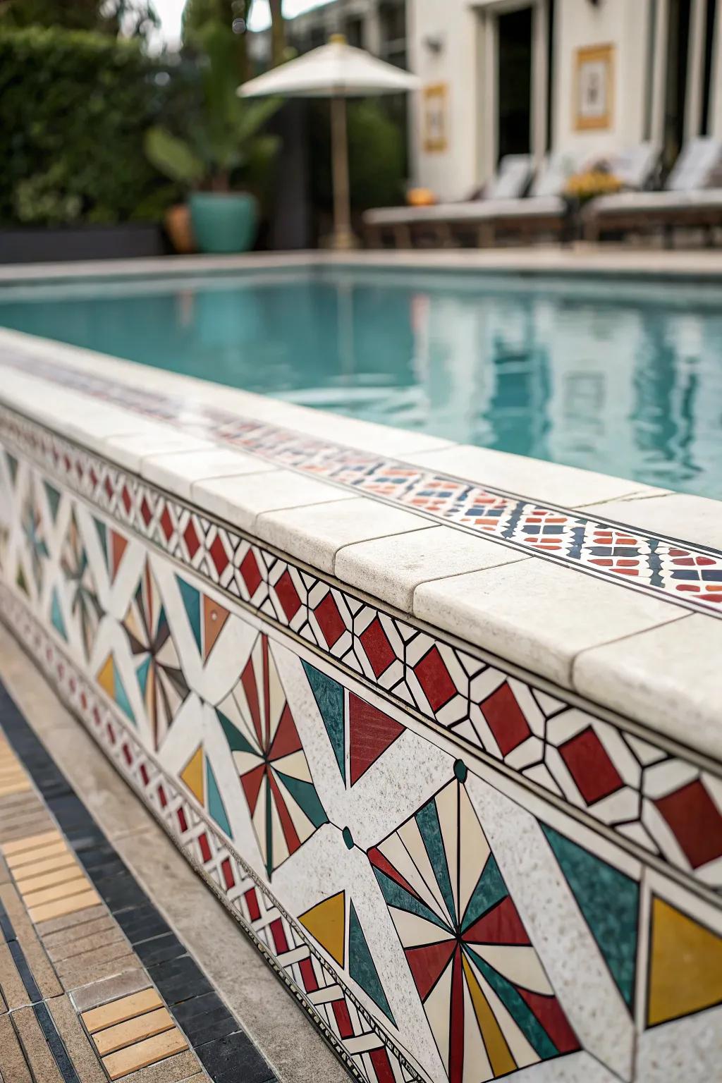 Pool with Art Deco-inspired tile design.