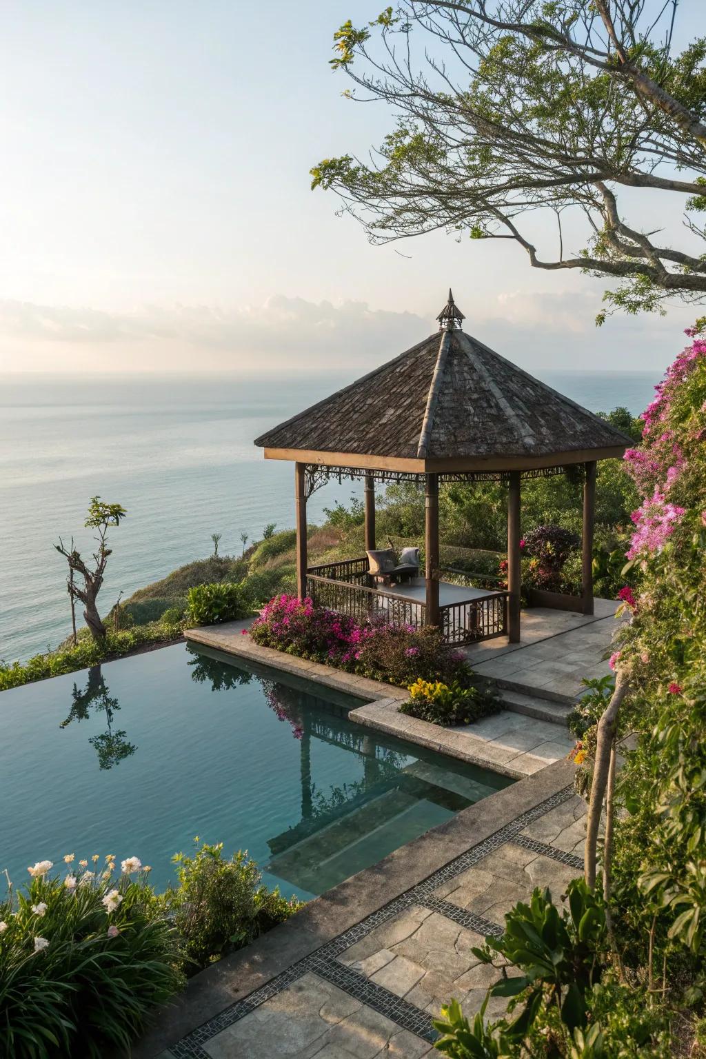 Enjoy stunning vistas with a gazebo overlooking an infinity pool.