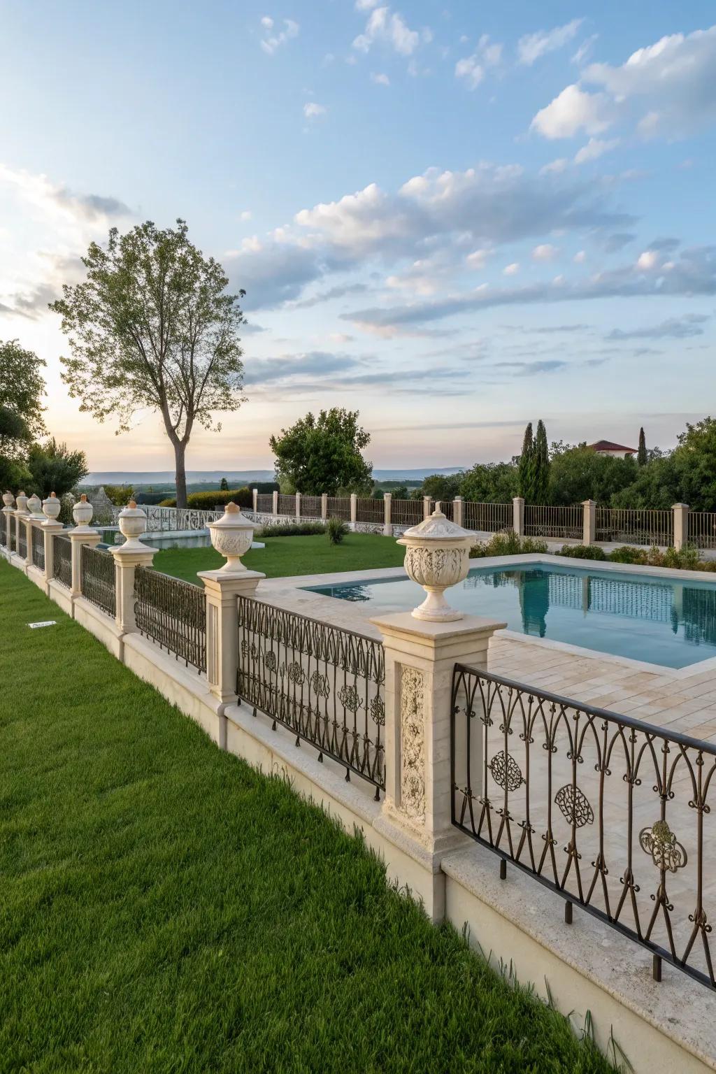 Decorative fencing adding style and privacy around the pool.