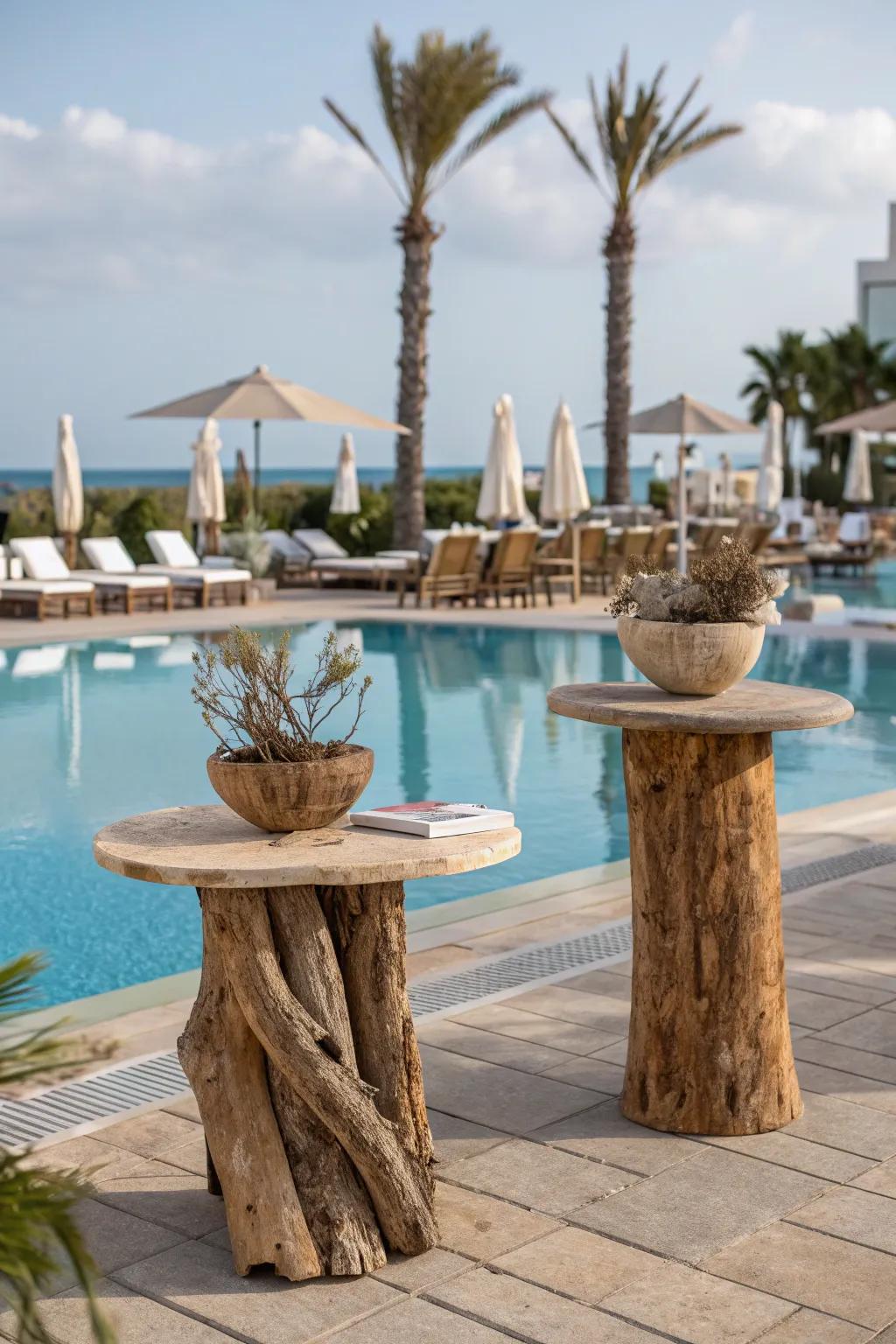 Driftwood adds rustic charm to your poolside.