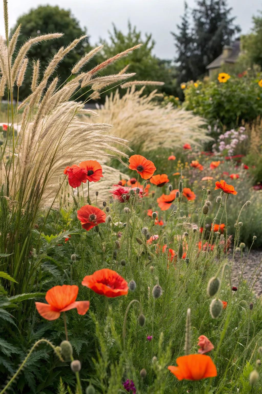 A garden landscape featuring the interplay of poppies and grasses.